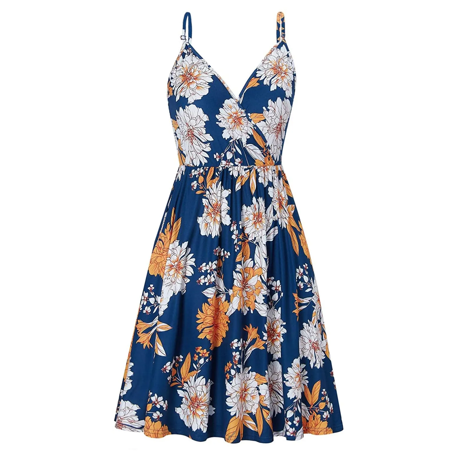 Women's Vintage Dresses Ladies Casual Sexy Suspender Mid-length Dress Temperament V neck Fashion Print Dress Summer Beach Dress 2