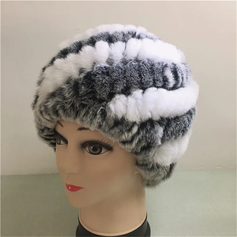 

Luxury Autumn Winter Women's Beanies Real Knitted Rex Rabbit Fur Hats Handmade Lady Warm Caps MS-25