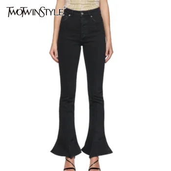 

TWOTWINSTYLE Casual Slim Women Full Length Pant High Wiast Elegant Flare Pants For Female Denim Fashion Clothes 2020 Summer Tide