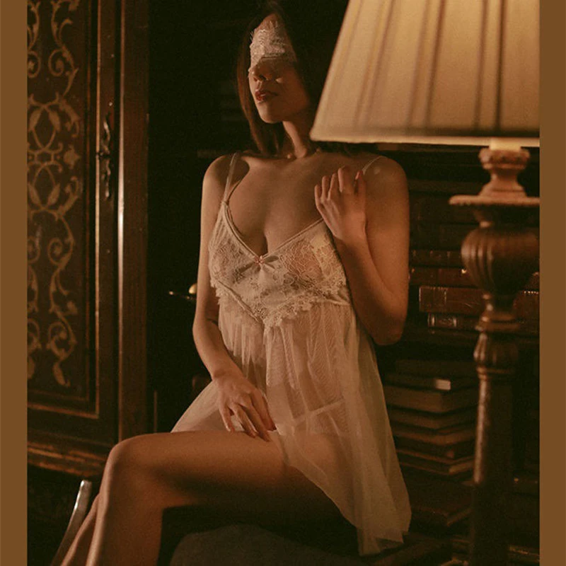 Sexy Mesh Nightdress Women Backless See Through Spaghetti Starp Sleeveless Nightwears Women's Home Temptation Nightwear