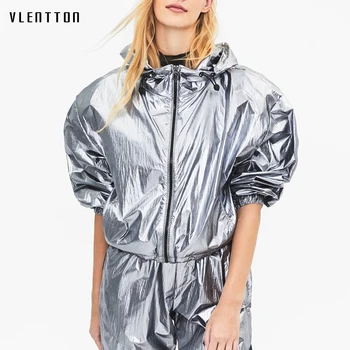 

Autumn Silver Pink Metallic Reflective Hooded Coats And Jackets Women Casual Loose Short Jacket Female Outerwear Chaqueta Mujer