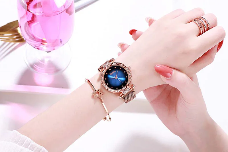 Роскошные женские магнитные часы relogio feminino, градиентные стразы, Женские кварцевые наручные часы из нержавеющей стали, часы в подарок