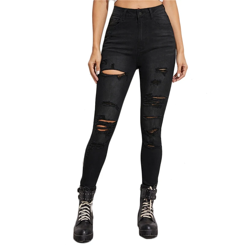 SHEIN черные потертые края рваные обтягивающие укороченные джинсы женские осенние рваные повседневные джинсовые брюки со средней талией