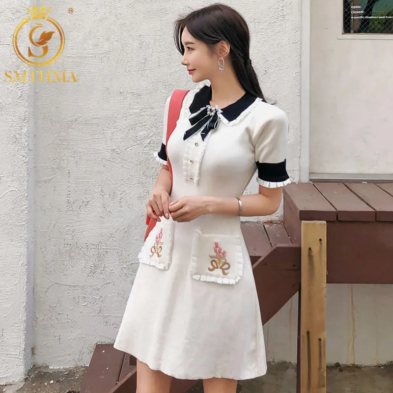 SMTHMA, новое модное корейское трикотажное платье, женское летнее платье с жемчужным бантом и отложным воротником, стрейчевое платье с вышитыми цветами и карманами, Vestidos