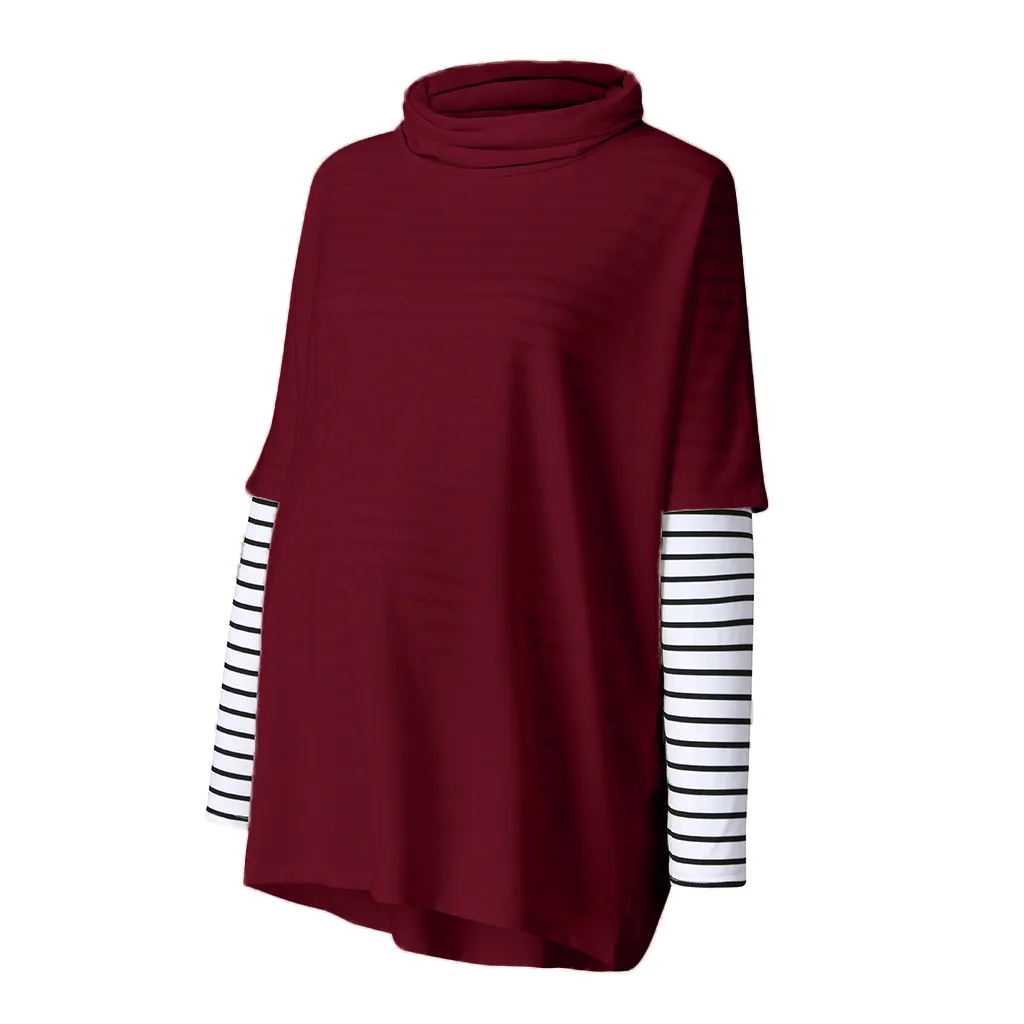 Женские топы для беременных с высоким воротником и длинными рукавами, пуловер в полоску, свободные блузки для беременных, топы 8