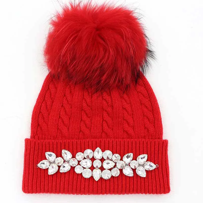 GZHILOVINGL, цветочные женские шапки с помпоном, зимние толстые вязаные шапки, большие стразы, теплая шерстяная шапка в полоску, шапка Gorros 61122 - Цвет: Красный