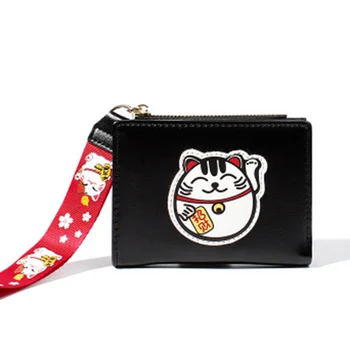 

Hot Selling Embroidered Lucky Women Cats Slim Thin Anime Wallet Ladies Bracelet Purse Wallet Zipper Coin Purse -B5
