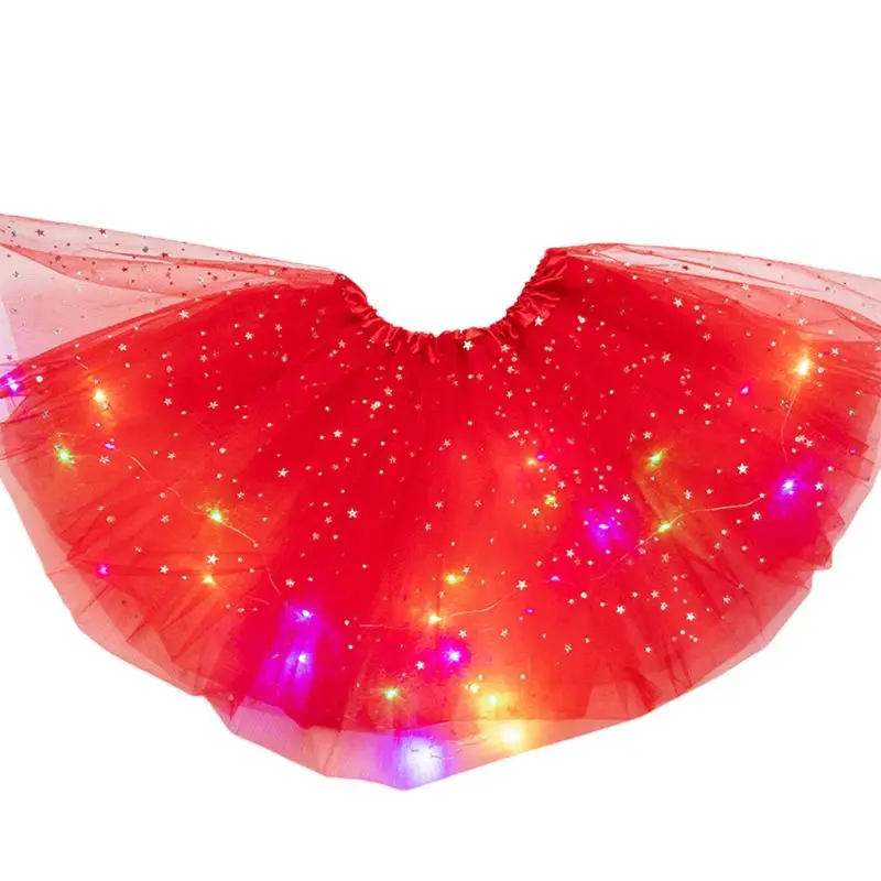 Детский светодиодный светильник для девочек, блестящая юбка-пачка из тюля с блестками и звездами для балета, От 3 до 12 лет - Цвет: Red