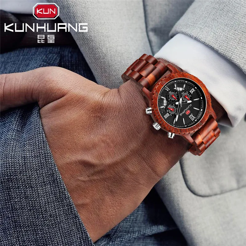 

Handmade Wooden Male Watch Wood Luxury Chronograph Wristwatch Quartz Calendar Roman Numerals Men Watches
