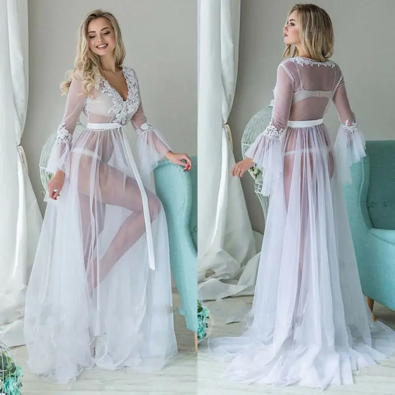 

Women Lace Perspective Kimono Robe Dressing Gown Night Dress Sexy See Through Bathrobe Cover Up Long Maxi Dress Nightdress