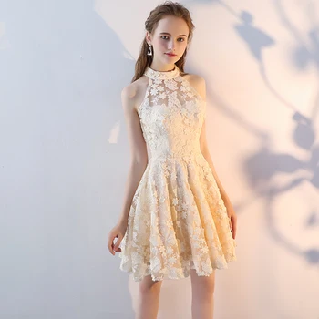 

Women's short formal prom evening dress Plus size O neck sleeveless lace champagne wedding party dress Bespoke Occasion Dress