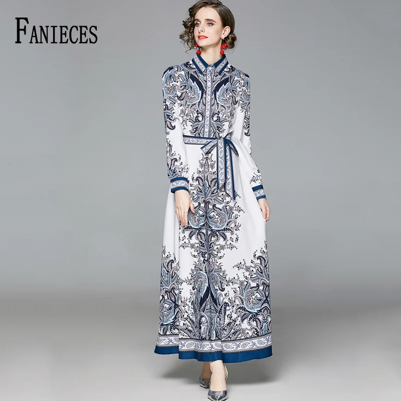 Женское модельное платье макси на пуговицах с длинным рукавом и принтом поясом