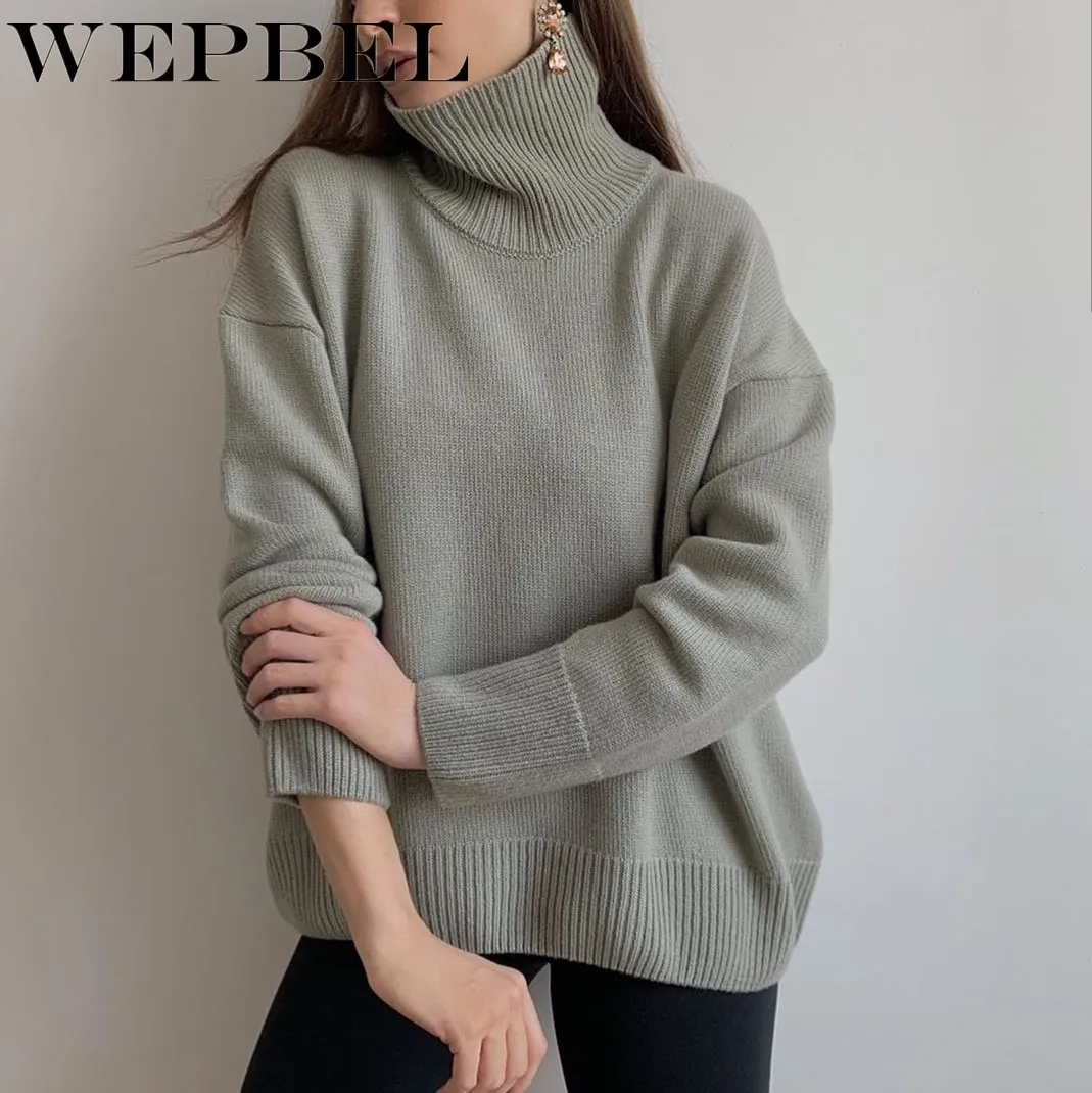 

WEPBEL Autumn and Winter Long Sleeve Loose Turn-down Collar Sweater Women's Casual Solid Color Pullover Knitted Sweater