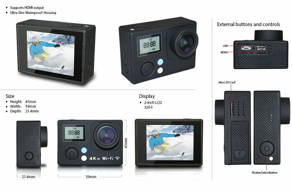 4K Экшн-камера с двойным экраном Ultra HD 16MP видеокамера Спортивная камера 4k с удаленным набором аксессуаров