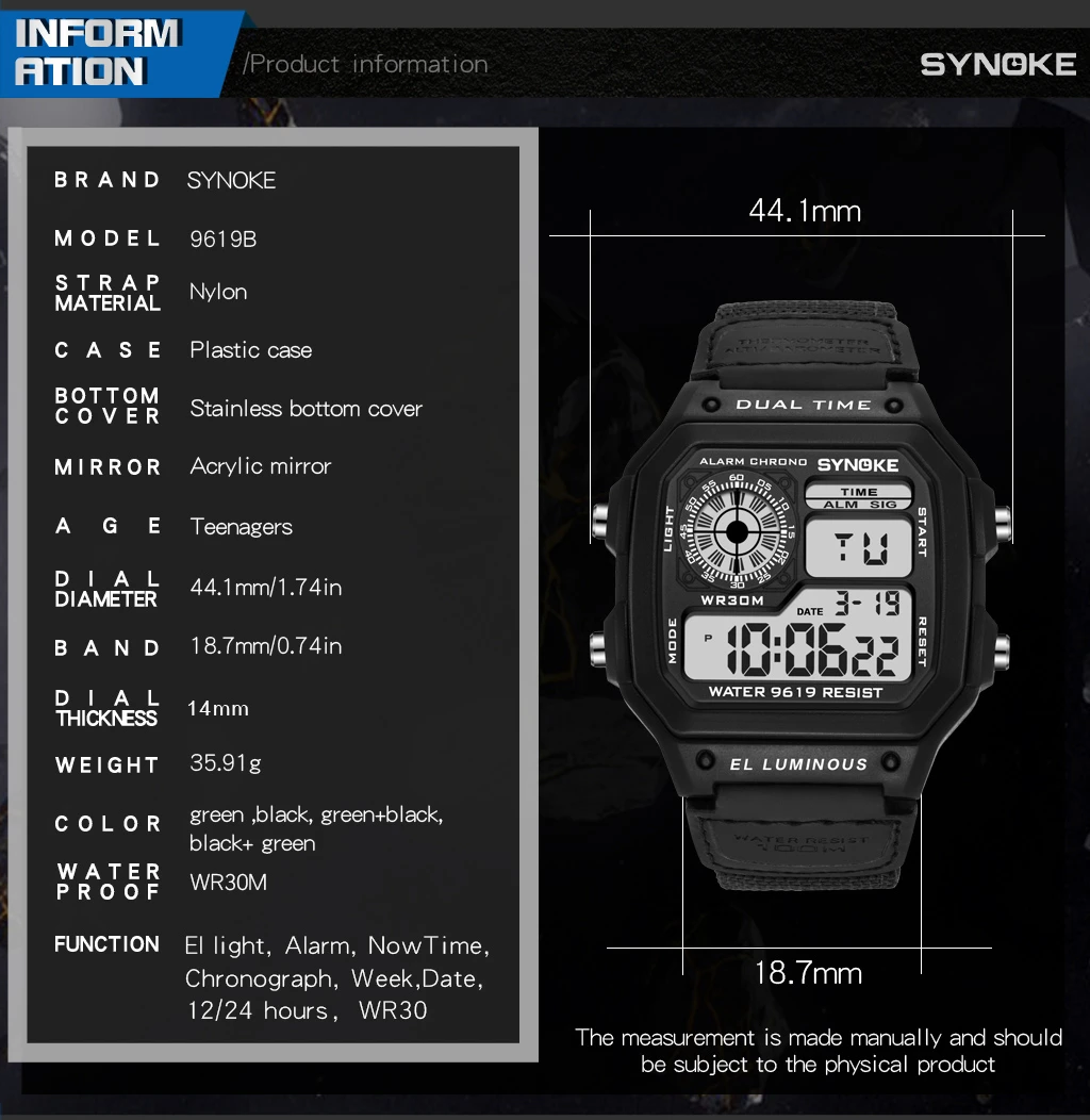 SYNOKE Brand Fashion Men Sports Watches Men Nylon Strap Digital Clock Military Watch Male Watch Men's New relogios masculino