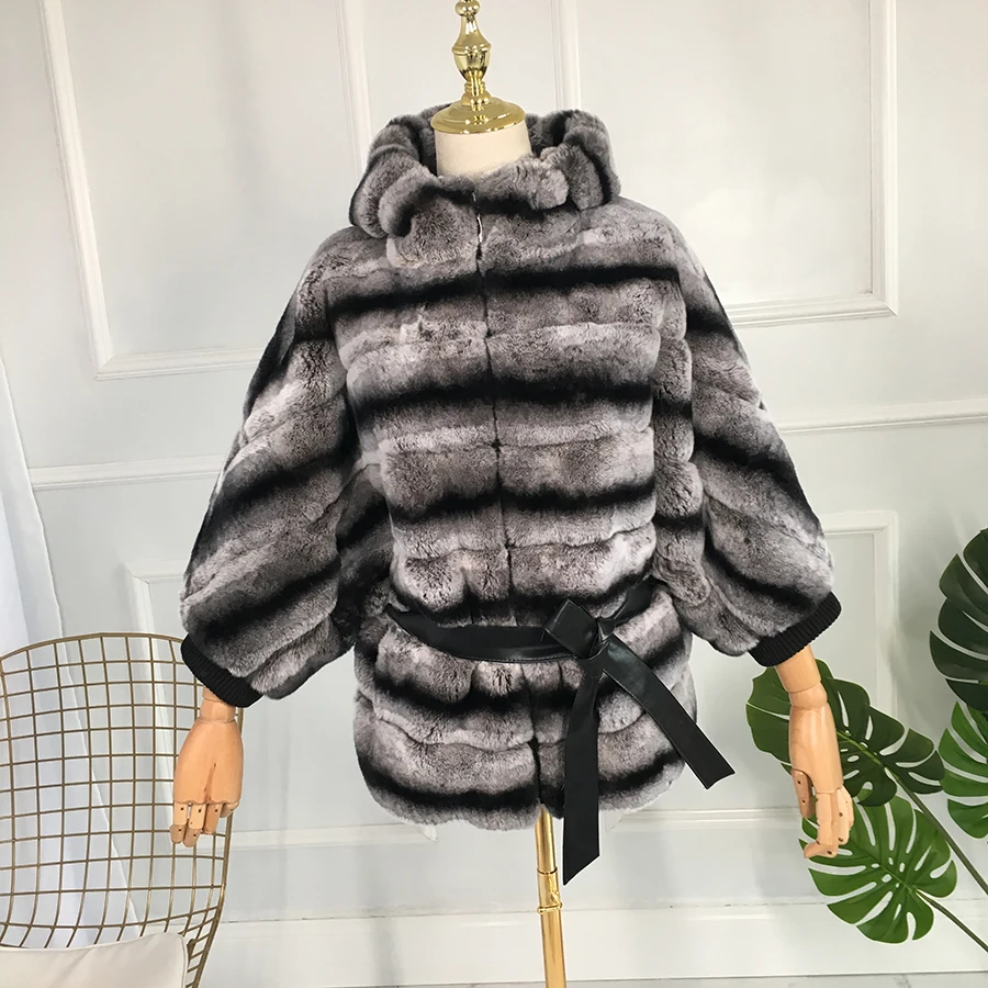 

Fur Jacket Women Coat 100% Real Rabbit Fur real fur Stripe coat Fur hat to keep warm batwing sleeve with sashes ashionable joker