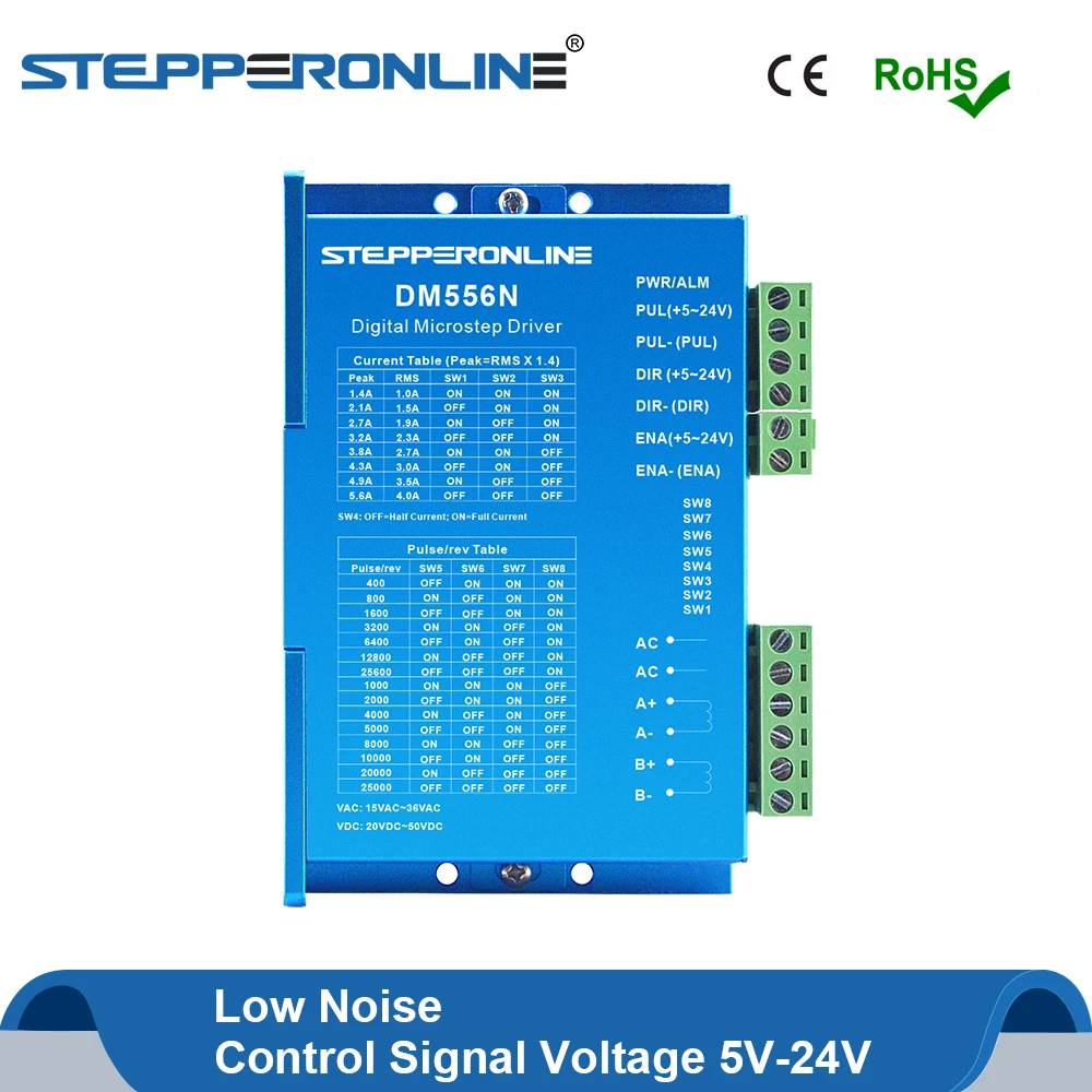 

Digital Stepper Motor Driver Low Noise Control Signal Voltage 5-24V Current 1.4-5.6A 15-36VAC/20-50VDC for Nema 17,23,24 Motor