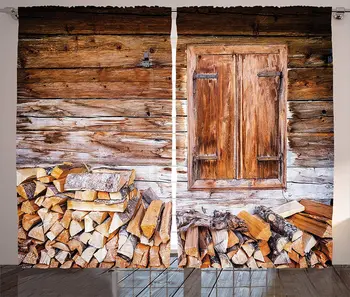 

Shutters Curtains Old Window Curtain at a Farm with Pile of Firewood Holiday Villa Rural Tranquil Scene Living Room Bedroom