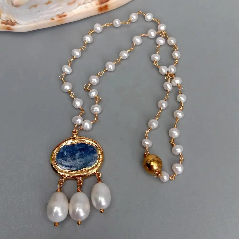 Pendant necklace Silver necklace Natural Cultured White freshwater Pearl Rosary Chain Necklace Blue Kyanite Rice Pearl Pendant 18"