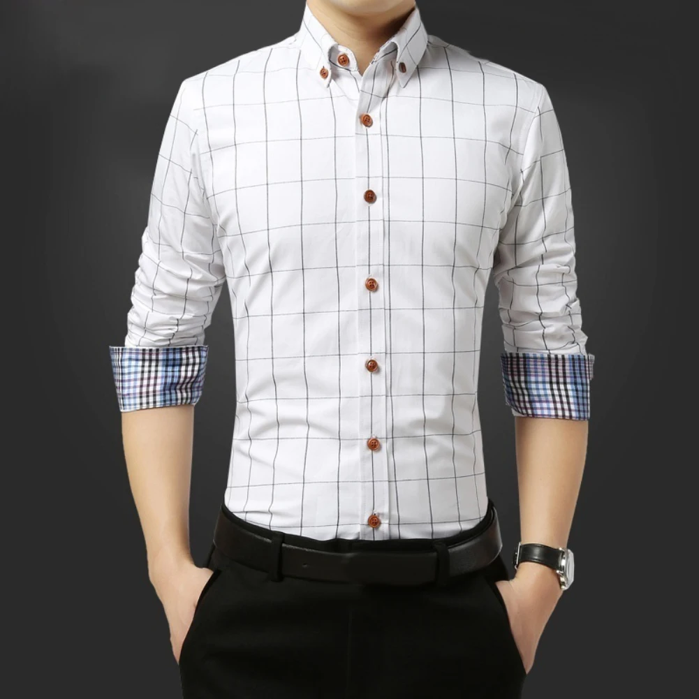 Весенне-осенняя модная мужская облегающая в клетку рубашка с длинными рукавами и принтом на пуговицах