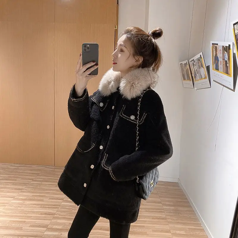 

Wool collar mid-length black small fragrance lamb wool coat quilted cotton jacket coat female winter thick 2020 New