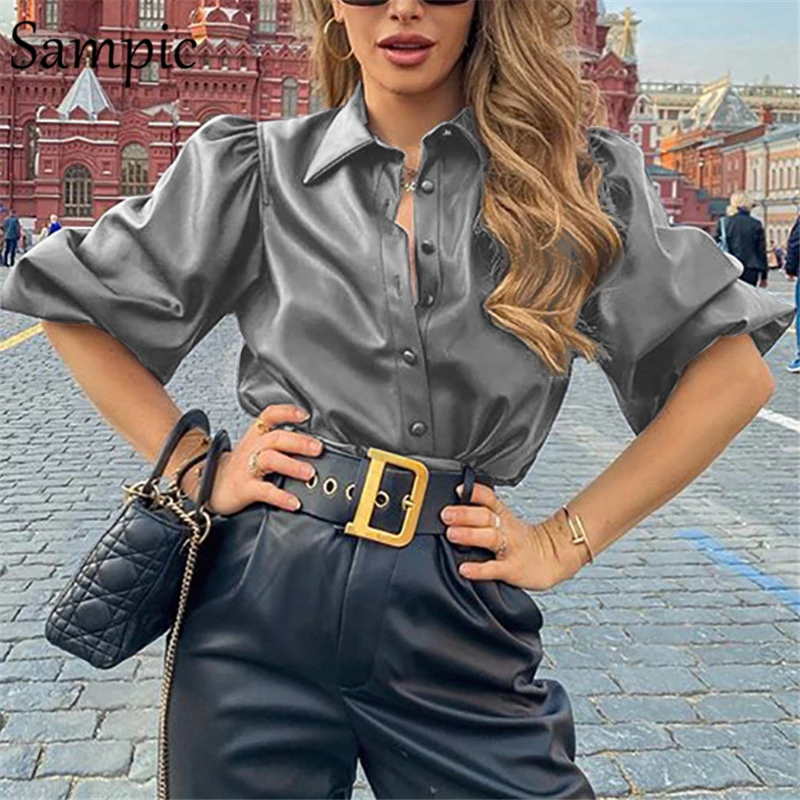 Sampic женская блузка из искусственной кожи с длинным рукавом пышная винтажная