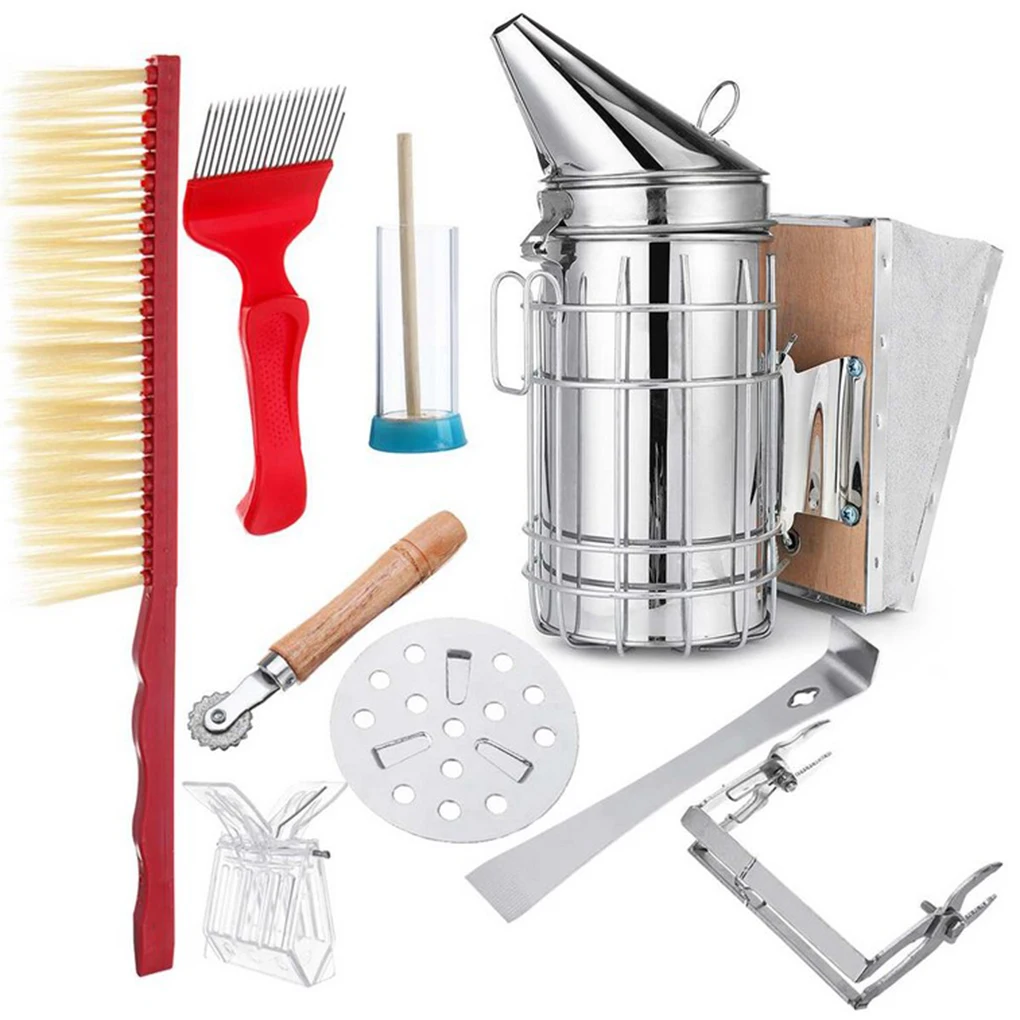 

8-in-1 Stainless Steel Beekeeping Bee Hive Smoker Kit Heat Shield Scraper Equipment Tools Set Color Random