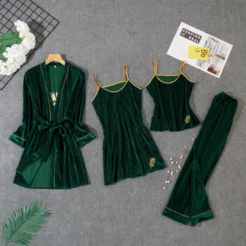 

Velour Sleepwear Female with Chest Pads Sexy Women Pajamas Lace Sleep Lounge 4 Pieces Sets Ladies Indoor Clothing