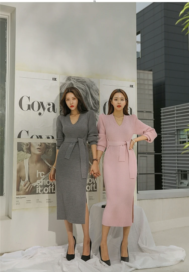 Colorfaith, новинка, Осень-зима, женские платья, обтягивающие, вязаные, с поясом, теплые, с разрезом, корейский стиль, элегантные, повседневные, женские, DR3051