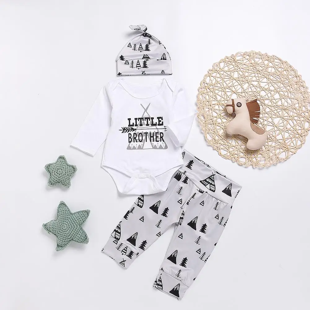 

Fashion Newborn Baby Boy Clothes Sets Letters Tree Pattern Baby Boys Long Sleeve Romper Pants Hat Clothes Set Tops+Pants+Hat