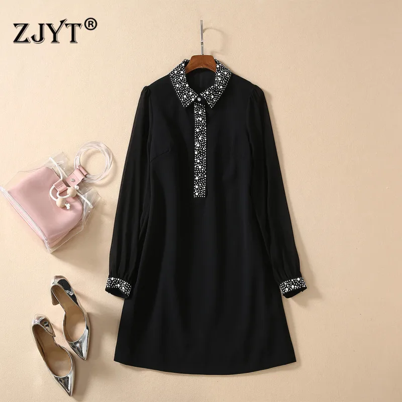 

2020 New Fashion Spring Runway Dress High Quality Women Elegant Long Sleeve Luxury Beading Solid Casual Above Knee Dress