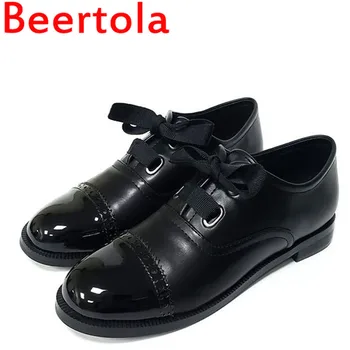 

British Style Designer Women Shoes Flats Bottom Round Toe Shoes Casual Sapato Feminino Lace Up Chaussures Femme Black Color