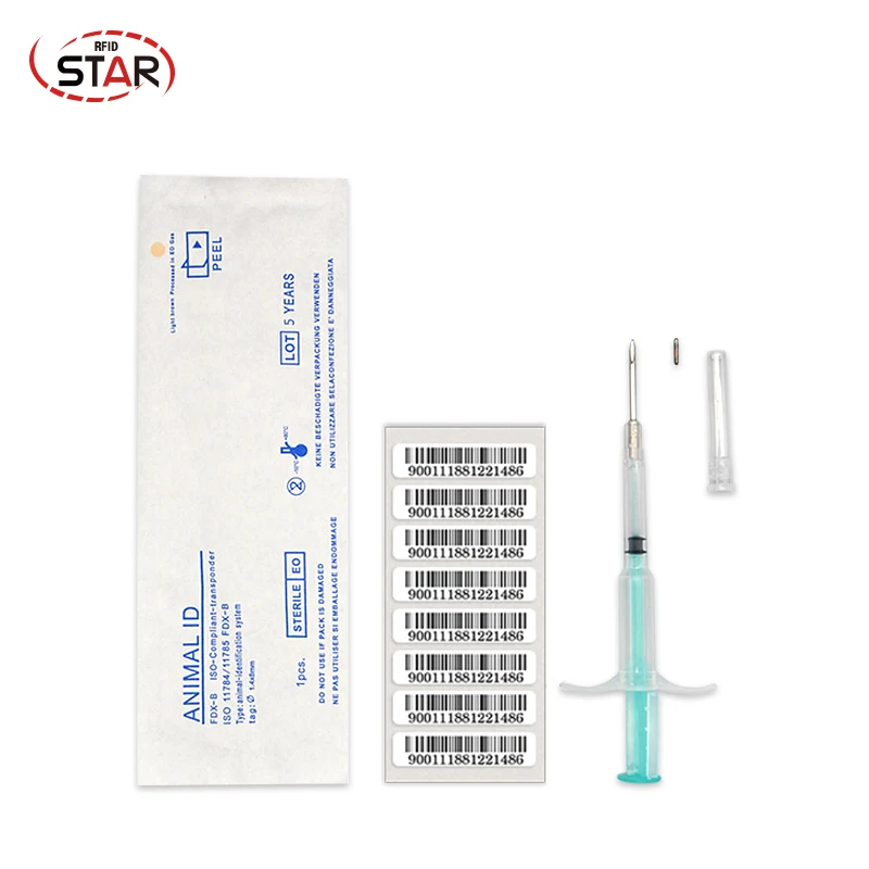 

2.12*12mm 1.4*8mm 1.25*7mm implant RFID microchips 134.2KHz Bioglass Fdx-b Fish cat dog Animal pet ID Microchip With Syringe