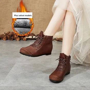 

2019 women's shoes autumn winter new leather soft bottom women's short boots round head retro flat women's boots color matching