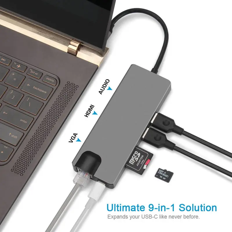 9 в 1 Тип C до 2 USB SD TF карта LAN VGA Hdmi USBC 3,5 мм, AUX, разъем адаптера концентратор Расширение PD зарядная док 1000 Мбит Rj45 Otg дисплей