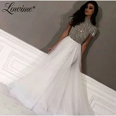 Блестящее серебряное блестящее белое Тюлевое вечернее платье арабское вечернее платье Robe De Soiree с короткими рукавами Выпускные платья - Цвет: Silver and White