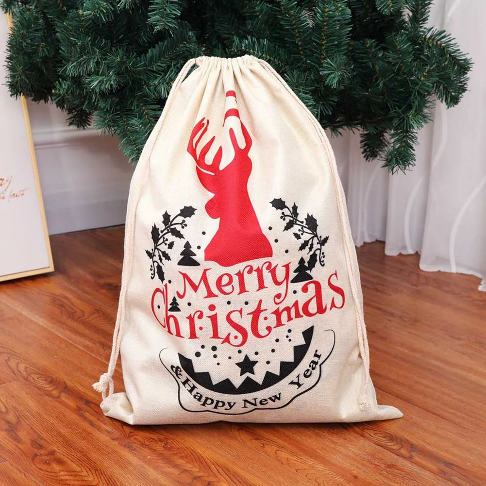 

New Year Christmas Gift Bags Drawstring Packing Holiday Print Flax Santa Sacks Storage For Kids Candy Party Decoration Large