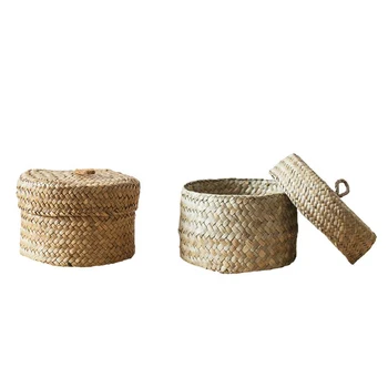 

Seaweed Snack Storage Box Handmade Finishing Box with Lid - Woven Wardrobe Desktop Storage Basket Home Round Gift Box