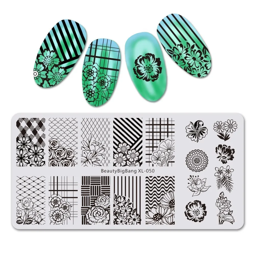 

Beautybigbang 6*12cm Nail Stamping Plates Rectangle Flower Grid Plaid Geometric Image Print Stencil Nail Template Nail Stamper