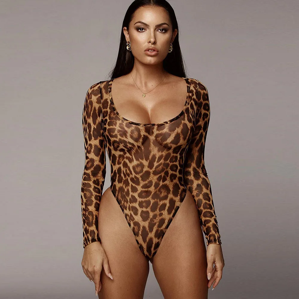 SEBOWEL Sexy Leopard Mesh Bodysuit Jumpsuit Women Long Sleeve Big O-neck Sheer Cheetah Print Female Body Top Clothes Bodysuits