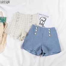 0667, женские твидовые шорты, весна-осень, свободные шорты на пуговицах(корейские), контрастная клетка, Ретро стиль, высокая талия, широкие ноги, женские черные шорты