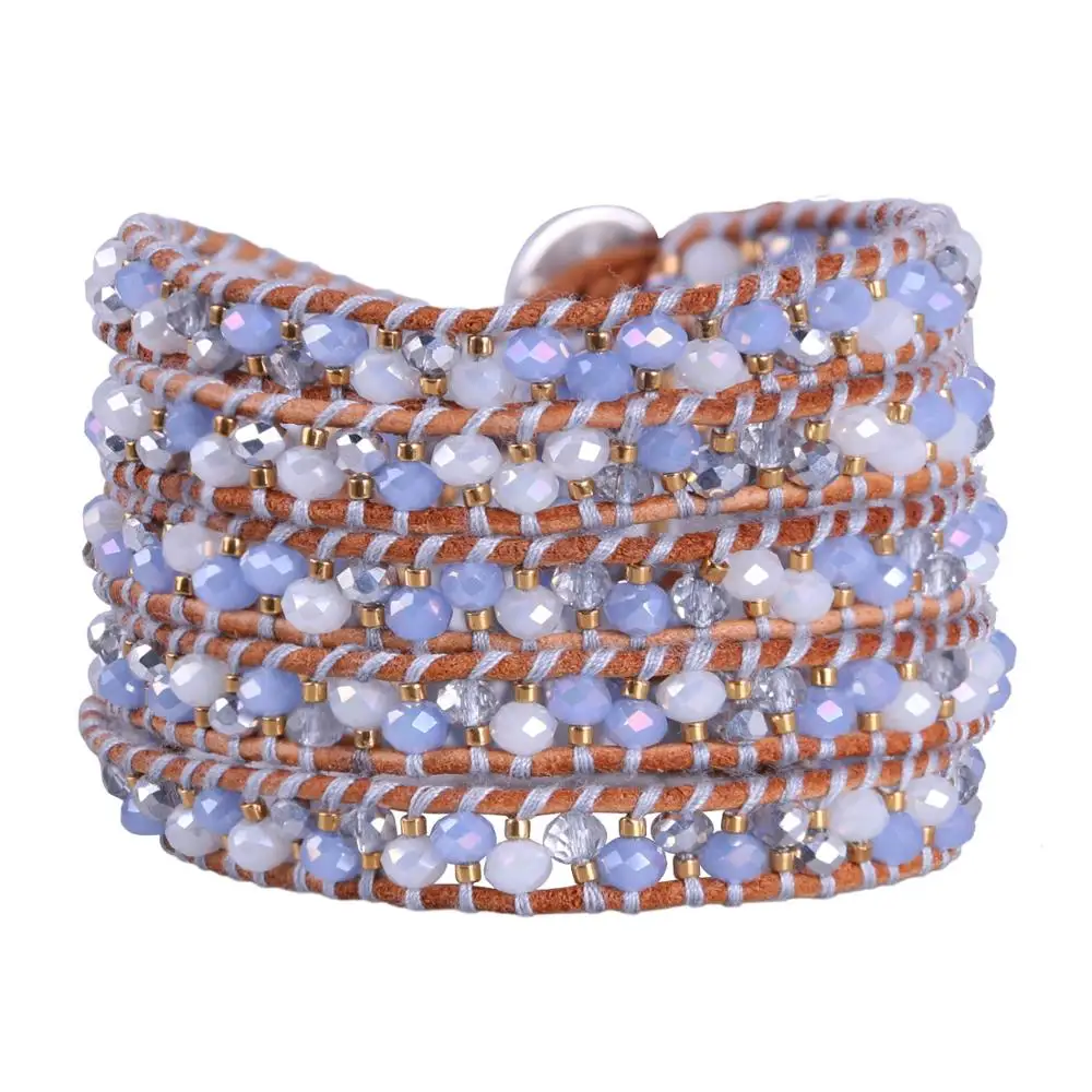 

KELITCH Vintage Leather Bracelets Mix Natural Stone Crystal 5 Wrap Bracelets Multi-layers Boho Woven Bracelet Handmade Jewelry