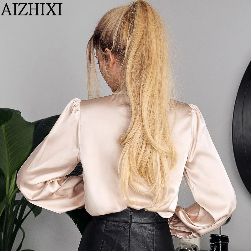 AIZHIXI Bow Tie Imitation Silk Shirt Satin Blouses Women Autumn Long Sleeves Fashion Solid Casual Tops Office Lady Chic Shirts