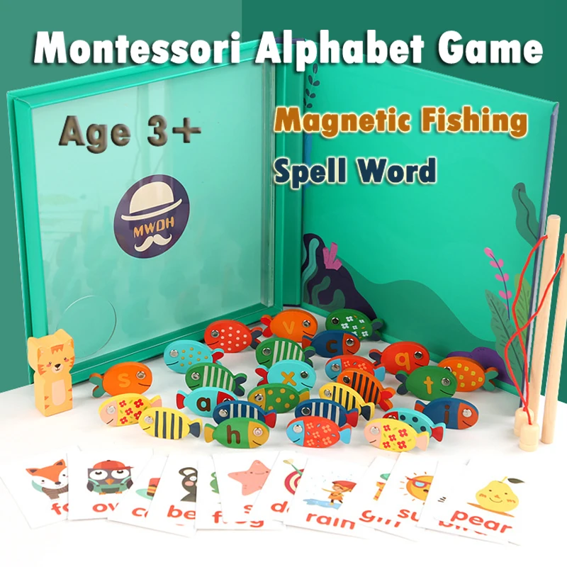 Kids Montessori Toy Wooden Magnetic Fishing Game Fine Motor Skill Counting  Catch ABC Alphabet Fish Cognitive Toys Spelling Games