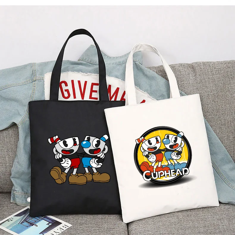 

Cuphead Mugman Boys Girls Shopping Bag Handbag Foldable Reusable Cloth Shopper Harajuku Style Bag Student Canvas Tote Bag