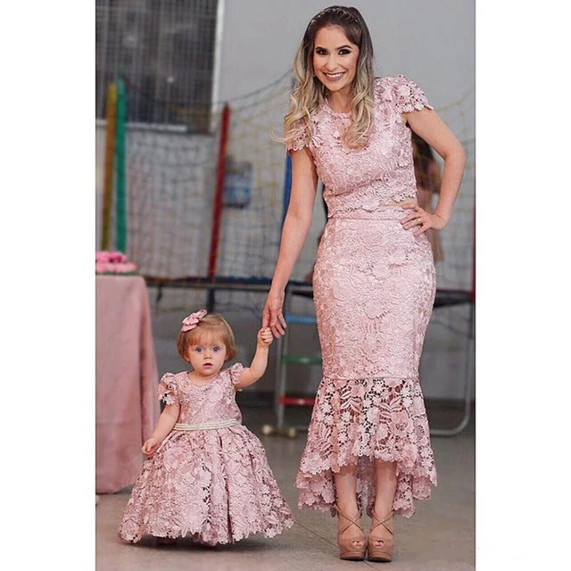 Vestido de encaje Floral Rosa elegante para madre e hija, fotografía,  primera comunión, fiesta, mamá, niñas, vestidos a juego personalizados -  AliExpress