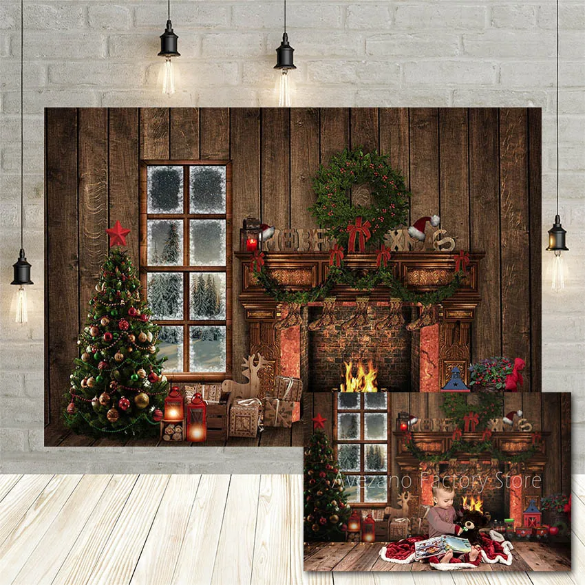 

Avezano Christmas Photography Background Window Wood Wall Fireplace Gift Baby Portrait Decor Backdrop Photo Studio Photocall