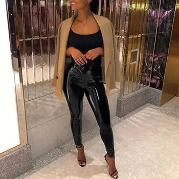 

2019 Autumn New Patent Leather Bright Gradient Color Sexy Wild Body Bag Hip Plus Velvet High Waist Black Leggings Female