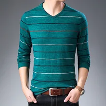 Осень мужской свитер с v-образным вырезом Полосатый жаккард постельные принадлежности тонкий вязаный свитер