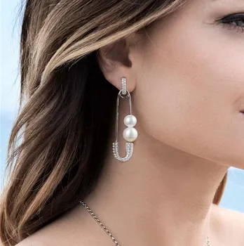 

Monaco Paper clips Pin Design Pearl Earrings For Women pure 925 sterling silver Earrings Jewelry pendientes mujer moda 2018